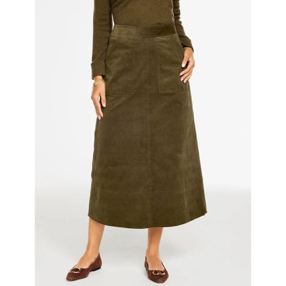 Talbots Fit And Flare Skirt Size 8 Olive Corduroy Stretch Pockets Midi NWT $129